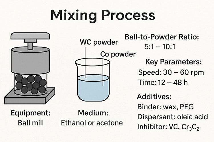 Ilustración del proceso de mezcla de polvo de carburo de tungsteno y polvo de cobalto.
